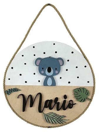 Placa de madera personalizada con nombre. 13 modelos a elegir. Decoración dormitorio bebé. Regalo bebé personalizado (Koala)