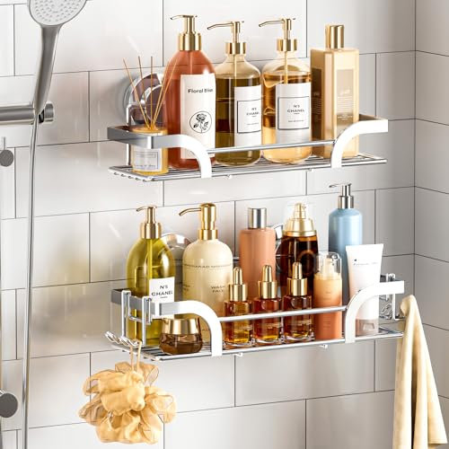 TAILI Organizador de ducha con ventosa, paquete de 2 estantes de ducha con succión, organizador de de baño resistente, estantes de sin taladrar para interior, acero inoxidable