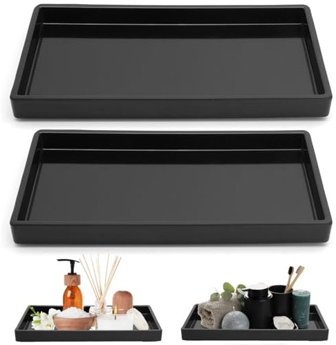 2 Bandejas Decorativas de Resina Negra para Baño - 22 x 12 x 2 cm - Rectangular para Tocador y Cuarto de Baño - Pequeña