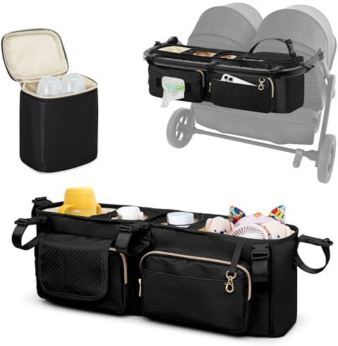 Prokva Double Stroller Organizer Compabitle with BOB Duallie and City Mini GT2 Double Stroller, Double Parent Stroller Caddy Organizer with Cup Holder and Cooler Bag, Black(Empty Bag)