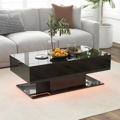 GOPLUS Table Basse LED Moderne, Table Basse Laquée Salon Rectangulaire à 2 Niveaux avec 2 Tiroirs de Rangement, 20 Couleurs de LED, Télécommande, Charge 100KG,110 x 60 x 40 cm (Noir)