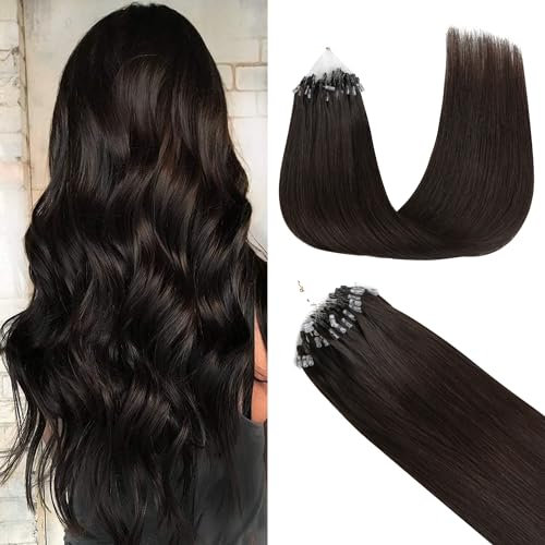GOO GOO Microring Extensions Echthaar, Haarverlängerungen mit Micro Loop, 40cm 50g 1g/Strand Extensions Echthaar Microring, Cold Fusion Micro Bead, 2 Dunkelbraun
