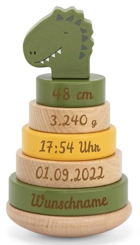 Personalisierter Stapelturm aus Holz von Trixie mit Namen und Geburtsdaten graviert Geburtsgeschenk Dinosaurier