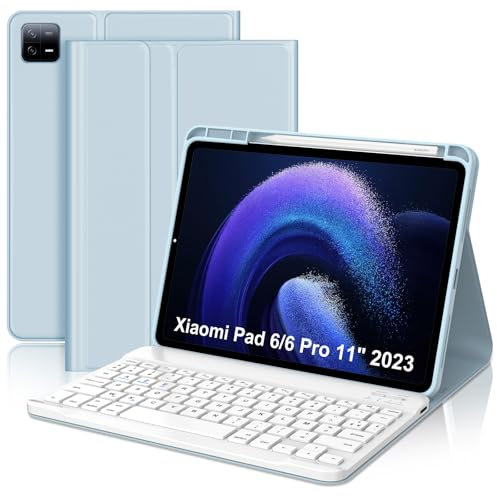 IVEOPPE Coque Clavier Xiaomi Pad 6 11, Coque en Cuir avec Clavier Bluetooth Magnétique Amovible AZERTY Français pour Xiaomi Pad 6 / Pad 6 Pro 11 2023, Bleu Ciel