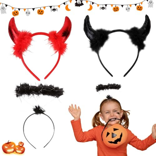 WELLXUNK 3 Stück Haarreifen Teufelsohren Teufelohren Haarband + Engel Heiligenschein Haarreif, Halloween Karneval Teufel Ohren, Karneval Halloween Party Kostüm Haarschmuck Stirnband