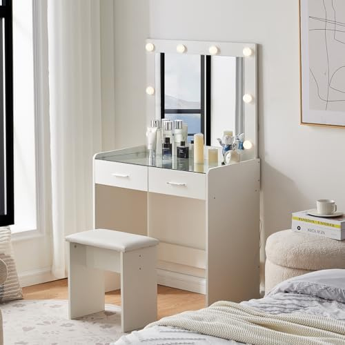 TUKAILAi Tocador con Espejo luz LED y Taburete, Tocador de Escritorio de Maquillaje de 2 Cajones, Mesa de Maquillaje Tablero de Cristal Moderno Cosmético para Dormitorio Blanco 80 * 40 * 140cm