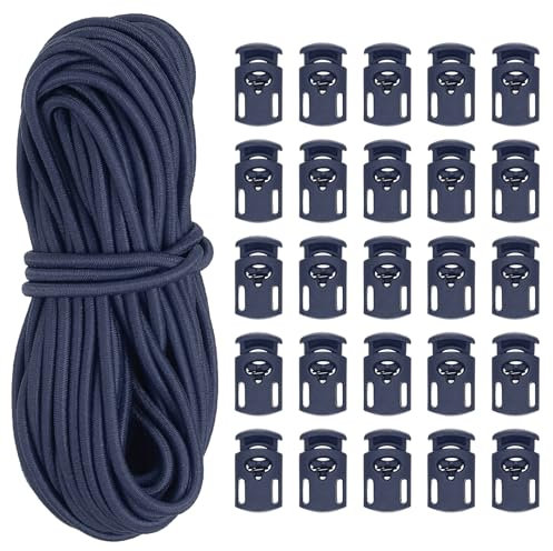 PATIKIL 10 Yard Elastic Bungee Cord & Single Hole Cord Lock, 25 Pack Plastic Oval Spring Toggle Stopper for Paracord Drawstring Shoelace Clothing Backpack Bags, Dark Blue