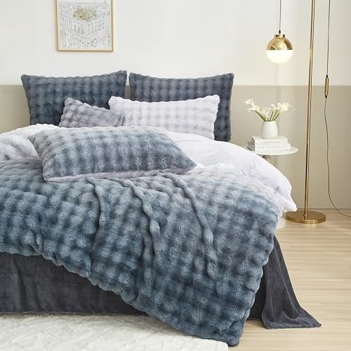 Warme Winter Bettwäsche 135x200cm Farbverlauf Blau Flauschig Plüsch Kaninchenfell Bettwäsche Cashmere Touch Flanell Wende Bettwäsche 3 Teilig Bettbezug mit Reißverschluss und 2 Kissenbezüge 80 x 80cm