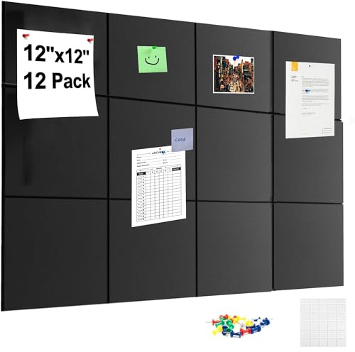 Large Cork Board Alternative,Felt Bulletin Board with Removable Adhesive Tabs, Pin Board Wall Tiles Notice Boards with Pins for Office,Home,Cork Boards for Photos Memos Black 12Pack