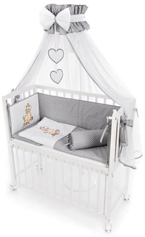 Beistellbett Baby 90x40 cm mit Matratze und 8-teiligem Bettwäscheset – höhenverstellbar, absenkbar, mit Rollen – Giraffe Grau – aus Holz – Komplettset