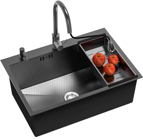 Fregadero Cocina Negro 80x50cm Fregaderos Modernos Para Cocina Un Seno Incluyendo Juego De Rebosadero Y Desagüe,Apto Para Instalación Bajo Encimera, Enrasado O Sobre Encimera