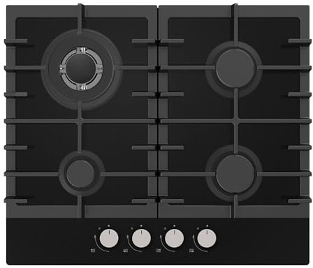 Statesman GH160GB 4 Zone Gas Glass Hob, Front Dial Control, Automatic Ignition, 60 cm, Includes LPG Conversion Kit, Durable Cast Iron Pan Supports, Black