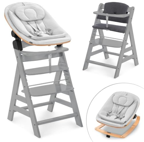 hauck Hochstuhl Alpha+ Newborn Set Eco Bouncer - mitwachsender Holz Babyhochstuhl ab Geburt, inkl. Neugeborenenaufsatz & Sitzpolster - Grau