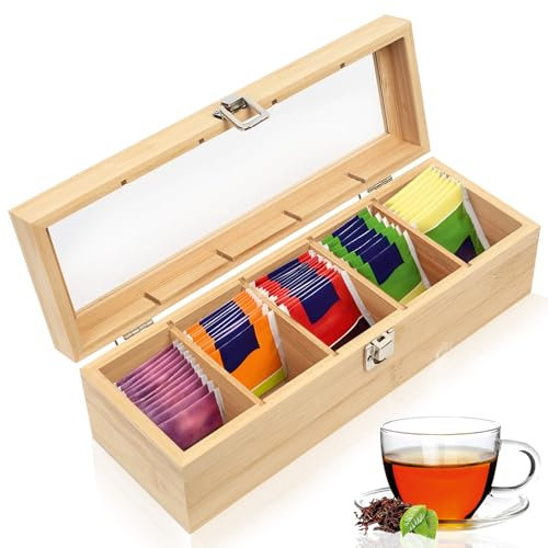 SiGuLiKeJi Scatola da tè in Legno, Scatola Porta Te e Tisane con 5 Scomparti, Scatola Porta Tisane Bustine, Contenitore Porta Bustine The e Tisane, Porta The Bustine con Finestrella, 30 x 10 x 9 cm