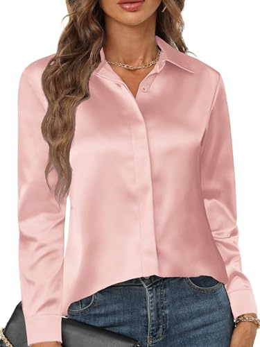 Zeagoo Chemisier Femme Satin à col en V Élégante Blouse Chic Manches Longues Chemise Boutons Ample à Manches Longues Chemisier de Soirée Business Top Rose XL