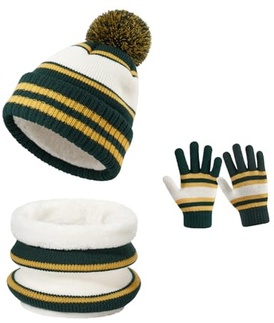 OZERO Kinder Winter Set Strickmütze mit Bommel Loop Schal Handschuhe | 3-Teiliges Thermo Zubehör mit Fleece-Futter für Jungen und Mädchen, Kuschelig Warm bei Frost, für Schulweg und Rodeln