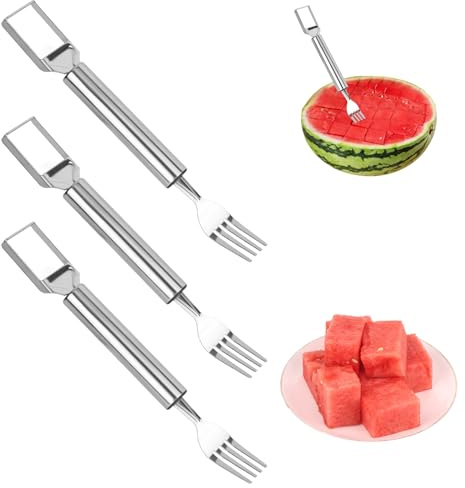 lasuroa 3 Piezas Tenedor Cortador de Sandía, 2 en 1 de Acero Inoxidable Rebanador Tenedor Frutas 2025 Doble Cabezal Herramienta Corte Utensilios Cocina para Acampar Picnics y Hogar