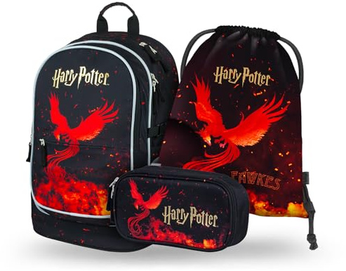 Baagl Schulrucksack Set 3 Teilig Schultasche - Harry Potter Phönix | Ergonomischer Schulranzen für Jungen und Mädchen eignet sich ideal für die Grundschule Volksschule Ranzen mit Brustgurt.