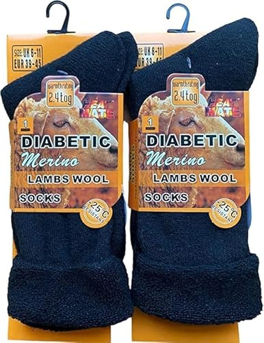 ITRAT 2 Pairs Mens Merino Wool Diabetic Socks | Loose Top Non-Elastic | Thick Winter Boot Socks | 2.4 TOG Thermal Socks | UK 6-11 (Black)