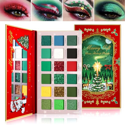 Afflano Palette di ombretti verdi, trucco natalizio, rosso, verde, palette di ombretti con pigmenti alti, Red Green Glitter Eyeshadow per Carnival Peacock Makeup, bianco, nero, verde scuro, blu, 18