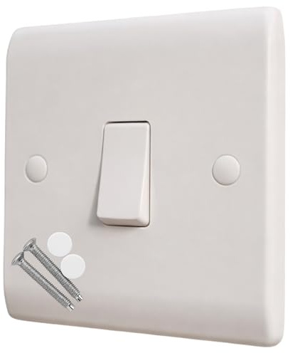 Single Wall Light Switch, 1 Way 10 Amp, 1 Gang - Curved Edge White Moulded Light Switch, Round Edges Single Switches for Living Room Bedroom Wall