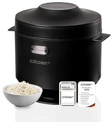 Cloer 6830 Reiskocher mit 1 l Fassungsvermögen, inkl. Dampfaufsatz & spülmaschinengeeignetem Innentopf, 7-Phasen-Technologie, Warmhaltefunktion bis 24 h, Signalton und Wasserstandsanzeige, 350 W