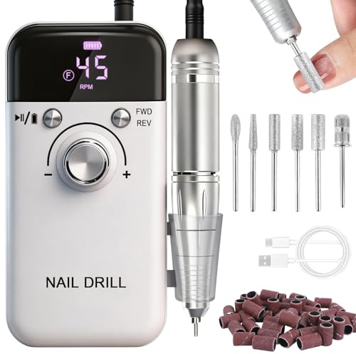 3T6B Torno para Uñas Profesional 45000 RPM, Pulidoras de uñas Portatil Velocidad Ajustable para Uñas de Gel y Acrílico, Torno Molinillo de Uñas Eléctrico con Pantalla LCD, 6 Brocas y 50 Bandas