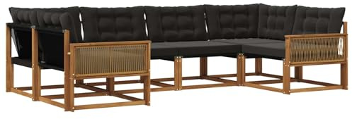 vidaXL Outdoor-Sofagarnitur mit Kissen 6 pcs Natürlich und Schwarz, Garten-Sofa, modernes Outdoor-Sitzset, strapazierfähige Terrassenmöbel, gemütliche Lounge für Dein Wohnzimmer