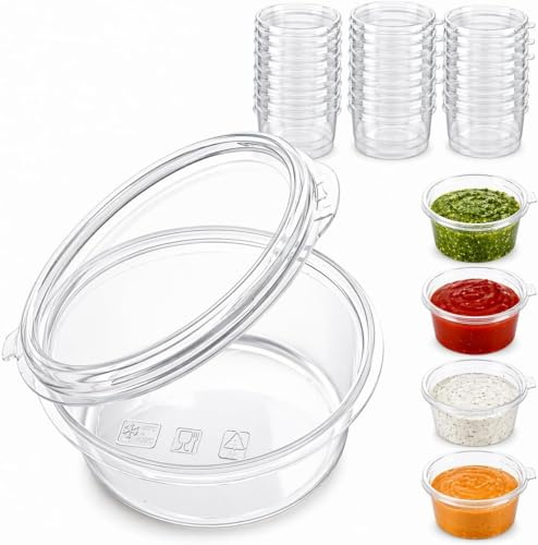 1ABOVE 100 Pack Clear Plastic Sauce Pots with Hinged Lids – Small Disposable Deli Containers for Takeaway, Chutney, Ketchup, Sauces & Dressings (100, 2oz)