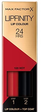 Max Factor LipFinity Lip Colour Lipstick Pintalabios, Tono: 120 Hot - Paso 1: 2.3ml Paso 2: 1.9g
