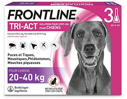 FRONTLINE Tri-Act Chien - Anti Puces, Tiques, Moustiques, Phlébotomes & Mouches - Pour Gros Chien De 20 à 40 kg - Fabriqué En France - 3 Pipettes Application Spot On