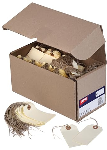 APLI 121364 - Étiquettes américaines crème 100x51 mm avec œillet + ficelle - Lot de 1000 - Pour marquage manuel, cadeaux, stockage, artisanat