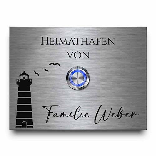 Klingelschild aus rostfreiem Edelstahl und wetterfester Gravur | Klingel Modell Weber ab 10x7 cm - ideal für die Haustür - Optional mit beleuchtetem Klingeltaster