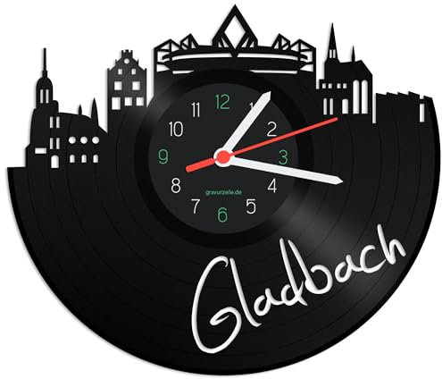 GRAVURZEILE Schallplattenuhr - Skyline Gladbach - Wanduhr aus gegossenem Vinyl mit Stadt Skyline 30 cm - Upcycling Design-Uhr Wand-Deko Vintage Wand-Dekoration Retro-Uhr - Made in Germany