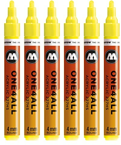 Molotow One4All 227HS Acryl Marker (4,0 mm Strichstärke, hochdeckend und permanent, UV-beständig, für fast alle Untergründe) 6 Stück Farbe 220 neongelb floureszierend | 4,0 mm Strichstärke, hochdeckend und permanent, schnell trocknend, UV-beständig, nachfüllbar, für fast alle Untergründe