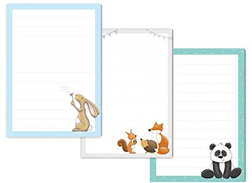 emufarm 3 x Schreibblock 'HASE HAMLET', 'WALDTIERE', 'PAUL PANDA' DIN A5 liniert, je 50 Blatt/Briefpapier für Kinder, Briefpapier Kinder, Briefblock