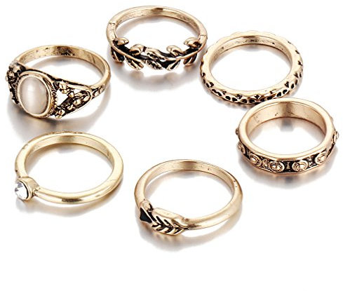 YAZILIND Frauen Bronze Mondstein Blatt Carving Hohlkristall Fingerring Sets Boho Vintage Ethnische Knöchelgelenk Stapelbar Ring