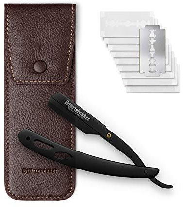 Rasoir de barbier avec étui en cuir fait main + stylo en pierre d'alun & 10 lames Astra - rasoir humide de qualité supérieure (Noir - Café)