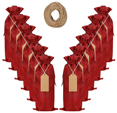 Reusable Burlap Wine Bag, 12 pcs Wine Bottle Gift Bags with Drawstring,Tags and Ropes for Gift,Christmas,Wedding,Birthday, Holiday Party,etc. (Red)
