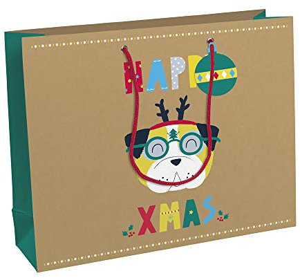 Clairefontaine X-29553-6C - Geschenktüte shopping 37,3x11,8x27,5 cm, 210g, 100% Recycling Kraftpapier, umweltfreundlich, 1 Stück, Make a wish Bouldog, Animaux Yoga, Guirlande, Merry Christmas