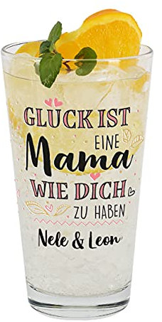 Herz & Heim® Muttertagsgeschenk Trinkglas mit Aufdruck - Glück ist eine Mama wie dich zu haben