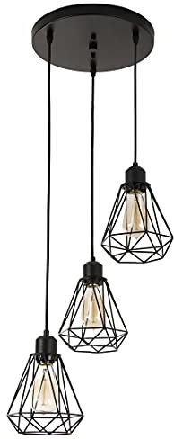 Timi Home Industrial 3-Light Pendant Light, Flush Mount Ceiling Light Fixture with Black Metal Cage Shade, Vintage Hanging Pendant Lighting for Kitchen, Island, Dining Room, Hallway