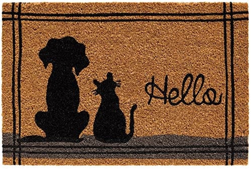 Kokosmatte als innen und aussen-bereich Fußmatte in 40x60 cm - Kokosfaser Türmatte Hello Spruch Katze Hund als lustige Sauberlaufmatte - Outdoor Fußabstreifer für Haustür, Flur, Garten