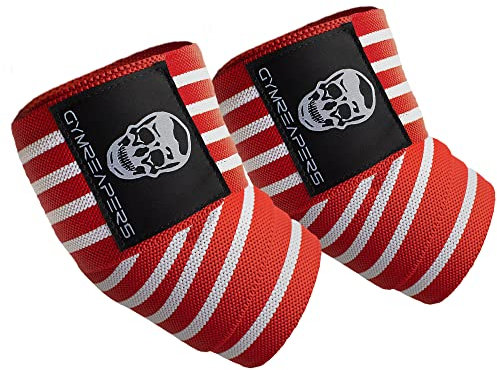 Gymreapers Gewichtheben, Ellenbogenbandage, flexibel, 101,6 cm, Ellenbogen-Kompressionsriemen und Gelenkbandage, für Bankdrücken, Powerlifting und Drücken (rot/weiß)