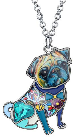 DALANE Emaille Legierung Strass Mops Hund Halskette Welpe Anhänger Neuheit Haustiere Schmuck für Damen Mädchen Geschenke (Blau)