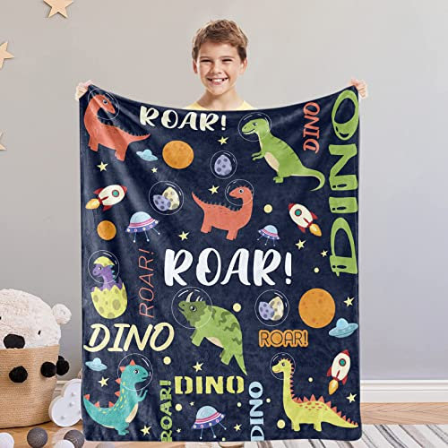 Domgoge Dinosaurier Kuscheldecke für Kinder Jungen Weltraum Flauschige Flanell Fleecedecke Dino Decke Decken Sofadecke Couchdecke Geburtstagsgeschenk, Marineblau, 101cm x 127cm
