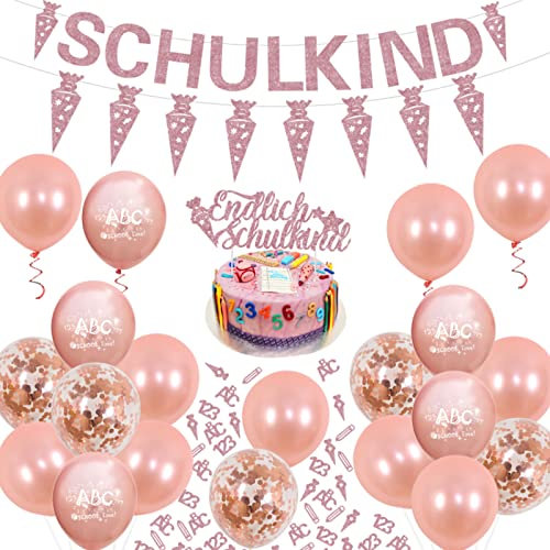 JOYMEMO Schulkind Deko, Schuleinführung Deko Set für Mädchen, Roségold Einschulung Luftballons, SCHULKIND Banner, Zuckertüten Girlande, Endlich Schulkind Kuchen Topper und Konfetti