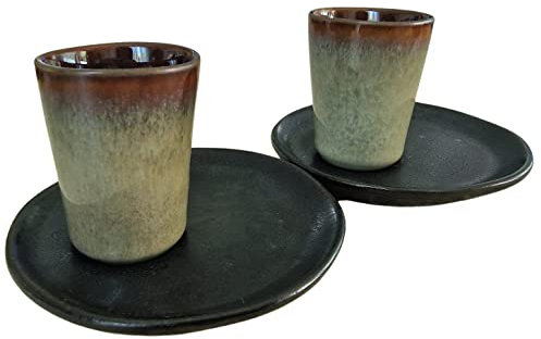 PintoCer Lot de 2 tasses à expresso en céramique sans anse Vert/noir