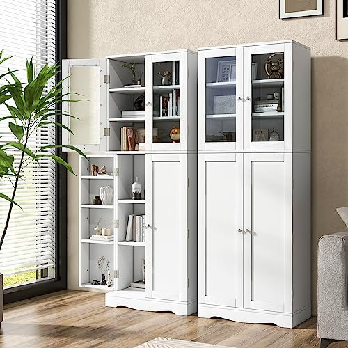COSTWAY Armario Alto de Almacenamiento, Armario Despensa de Cocina con Dos Puertas de Vidrio Templado, Estantes de Puerta, Diseño Anticaídas, Armario Independiente para Comedor (Blanco)