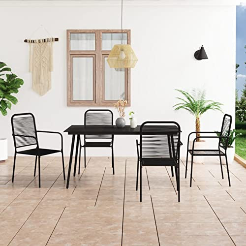 JUNZAI 5 Piece Garden Dining Set Cotton Rope and Steel Black,Outdoor Furniture Sets,High Top Outdoor Table And Chairs,Outdoor Bar Set